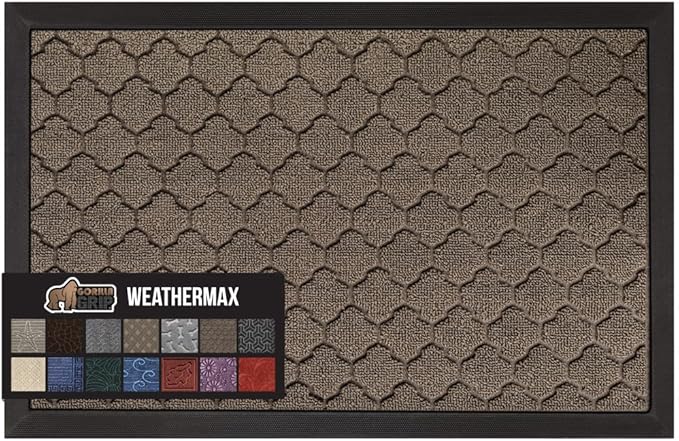 GORILLA GRIP 100% Waterproof All-Season WeatherMax Doormat US Designed Natural Rubber, Stain and Fade Resistant, Low Profile Indoor Outdoor Door Mats, Easy Clean Patio Mat, 17x29, Latte Quatrefoil-Ruum Studio Home