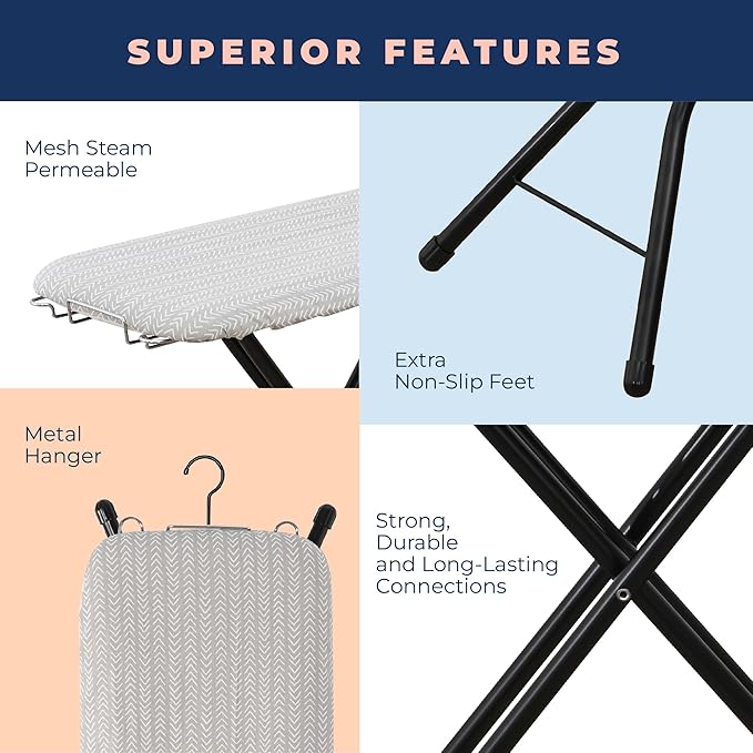 Ironing Board with Iron Rest, Iron Board with 3 Layers Extra Thick Cover, Compact and Space Saver Foldable Ironing Board, Adjustable Height, Easy Storage with Smart Hanger and Lightweight Design-Ruum Studio Home