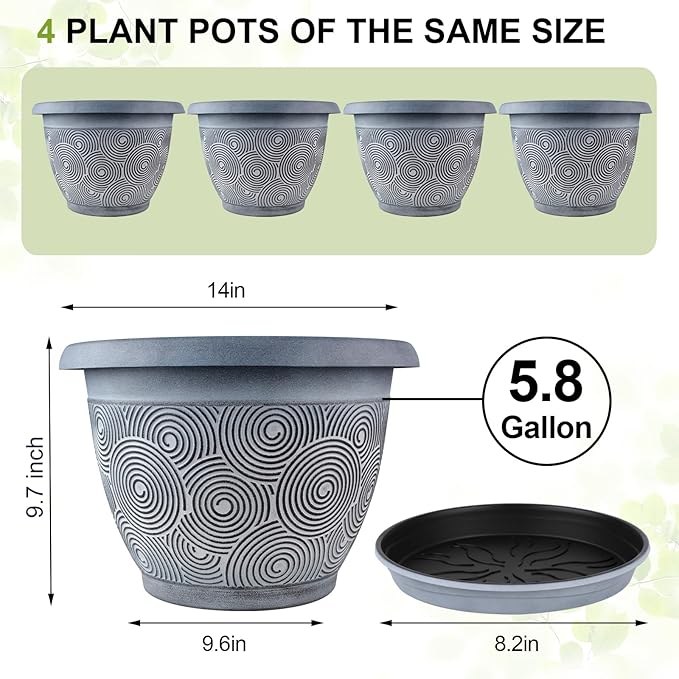 14 Inch Large Planter Pot for Plants Indoor Outdoor, 4 Pack Plastic Flower Pots with Drainage Hole & Tray, Modern Decorative Garden Pot with Saucer, Plant Container for House-Ruum Studio Home