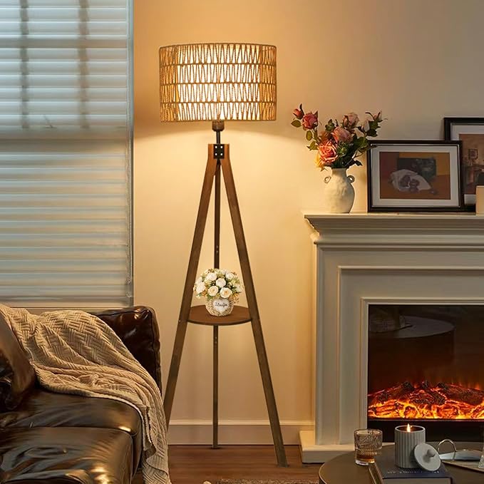 Boho Tripod Floor Lamps for Living Room, Rattan Wood Floor Lamp with Fabric Shades, Mid Century Standing Lamp with Shelf, Foot Switch, Modern Farmhouse Tall Lamps for Bedroom Office Brown-Ruum Studio Home