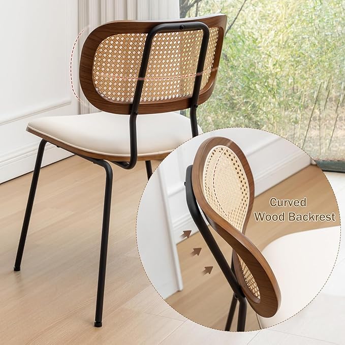 Rattan Dining Chairs Set of 4, Mid Century Modern Dining Chairs with Cane Back for Kitchen Dining Room, 19 Inch Faux Leather Beige-Ruum Studio Home
