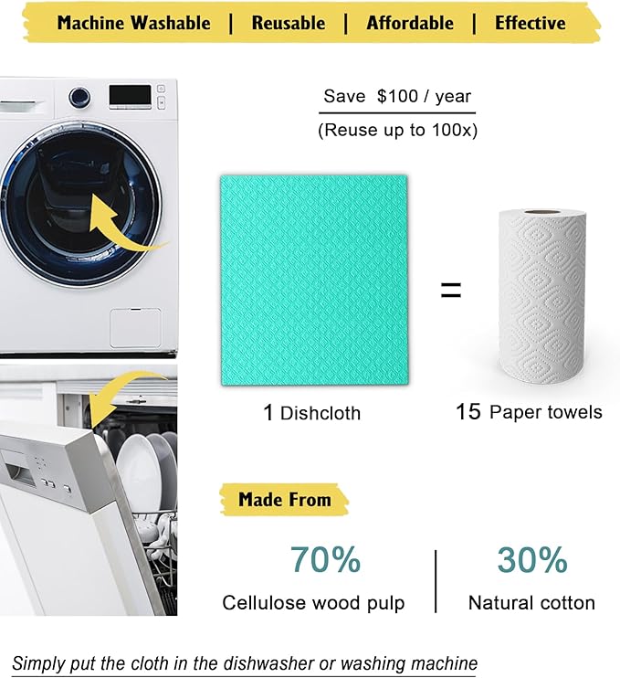 Swedish Dishcloths for Kitchen | 6 Pack Absorbent Cellulose Sponge Cloths Washable | Non-Scratch Reusable Paper Towels Quick Drying Cleaning Cloths - Green-Ruum Studio Home
