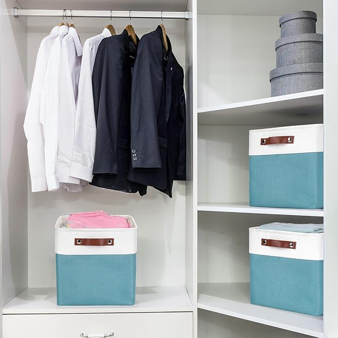 Collapsible Fabric Storage Cubes 11x11 Cube Storage Bins, 4 Pack Closet Baskets Box with Handles for Organizing, Shelf, Toys, Clothes, Home, Office, Nursery (Teal&White)-Ruum Studio Home