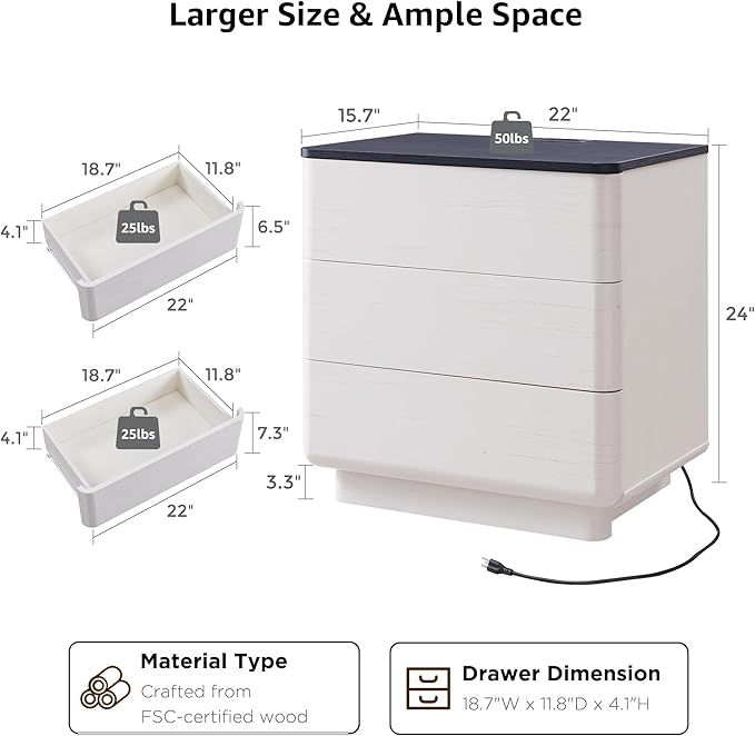 JXQTLINGMU 22" Modern Nightstand with Charging Station, Large Push-to-Open End Table, Wood Bedside Table w/Curved Profile Design, Handleless 3 Drawer Night Stand for Bedroom, Living Room, Off White-Ruum Studio Home