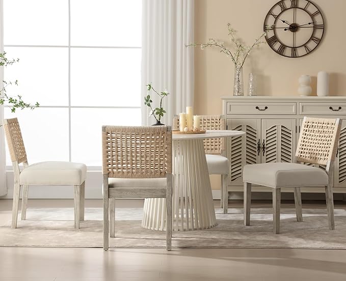 Kmax Farmhouse Dining Chairs Set of 4, Rustic Kitchen Chairs with Linen Fabric Seat and Woven Back, Vintage Accent Chairs for Dining Room, Living Room, Ivory-Ruum Studio Home