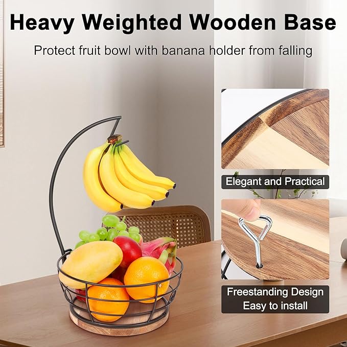 Livabber Countertop Fruit Basket Bowl with Banana Hanger, Modern Standing Fruit Vegetable Bowl Storage, with Banana Tree Holder for Kitchen Dinning Table (Round Wood, Black)-Ruum Studio Home