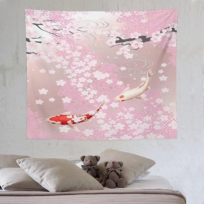 Houselerax Japanese Koi Fish Tapestry, Cherry Blossoms Asian Oriental Pink Flower Branch Koi Fish Carp Tapestries Wall Hanging for Bedroom Living Room Office Decor 60"x50"-Ruum Studio Home