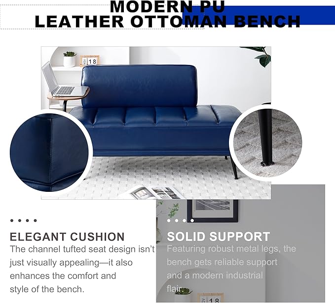 Sofa,Bed Bench,Small Spaces Furniture,Polyurethane Leather,Wood Frame,High Density Sponge Infillings,360-Degree Swivel Tray,Black Metal Leg (Blue)-Ruum Studio Home