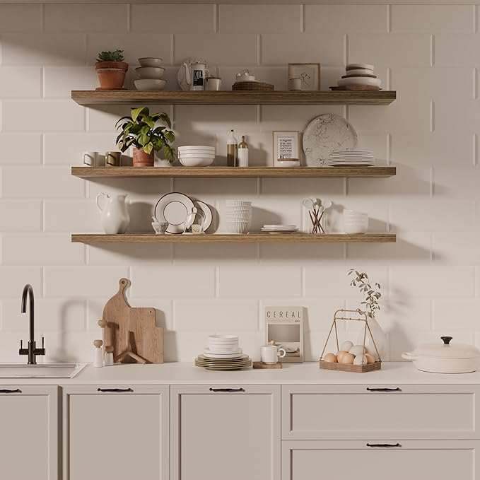 48 Inch Floating Shelves, 8 Inch Deep Floating Shelves for Wall, Hanging Shelf with Invisible Brackets, Wall Mounted Display Shelves for Bathroom, Bedroom, Living Room,3 Tier-Ruum Studio Home