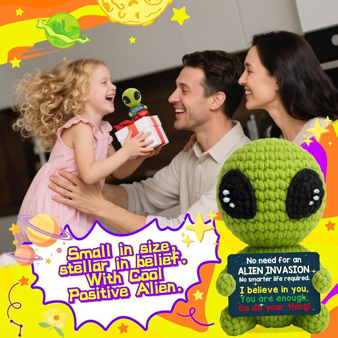Cool Alien Decor Inspirational Gifts for Boys Girls Friends Positive Animal Crochet Alien for Daily Encouragement Self Affirmation Son Daughter UFO Geeky Decor-Ruum Studio Home