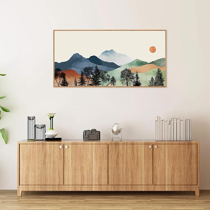 SIGNINART Large Boho Mountains Framed Canvas Wall Art, Watercolor Nature Landscape Art Prints, Neutral Modern Sunrise Art Paintings, Green Forest Wall Decor for Living Room, Bedroom, Office 20"x40"-Ruum Studio Home
