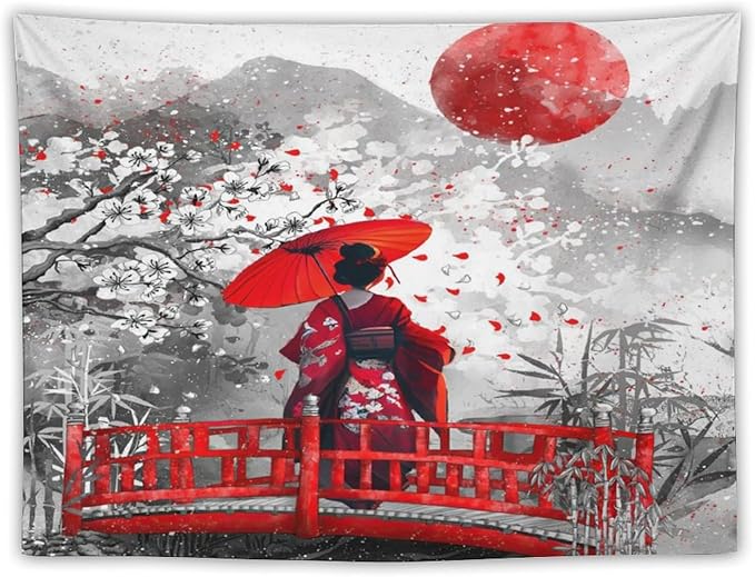Japanese Red Geisha Tapestry Asian Cherry Blossom Red Sun Traditional Kimono Folk Tapestries Home Decor for Living Room Bedroom Apartment Farmhouse Dorm 80"x60"-Ruum Studio Home