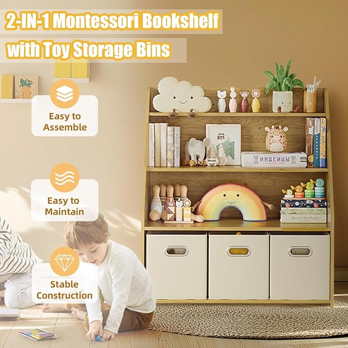 Kids Bookshelf and Toy Organizer, 3-Tier Toy Storage Organizer with 3 Movable Drawers, Montessori Toy Shelf, Nursery Book Shelves Toddler Bookshelf for Kids Room Living Room Nursery-Ruum Studio Home