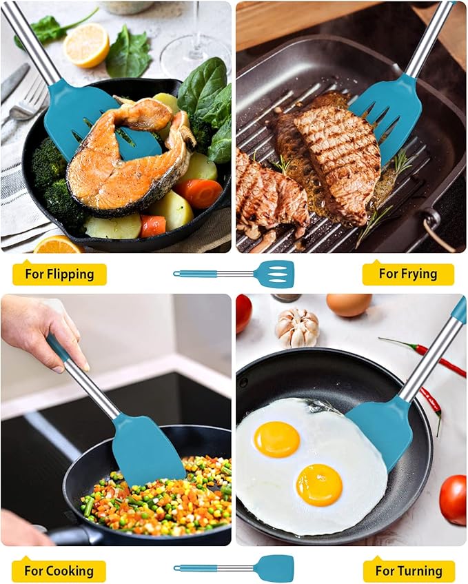 Pack of 2 Silicone Solid Turner, Non Stick Slotted Kitchen Spatulas, High Heat Resistant BPA Free Cooking Utensils, Ideal Cookware for Fish, Eggs, Pancakes(Blue)-Ruum Studio Home