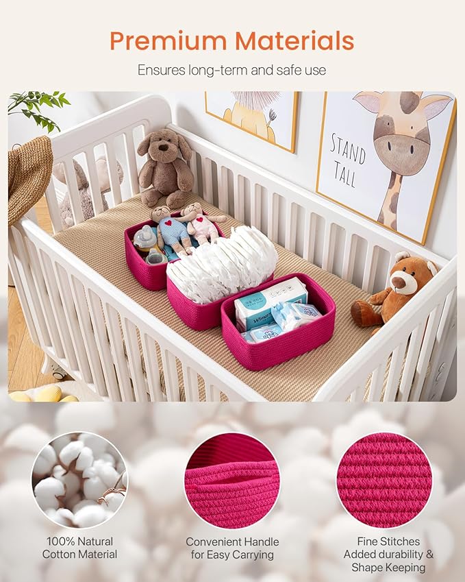 KALLAX Small Woven Basket, 12 x 8 x 4.5 Inches, Storage Basket for Organizing, Cute Small Rope Shelf Closet Cube Storage Bins Baskets for Shelves, Dog Toy Gift Baskets Empty, 3 Packs, Hot Pink-Ruum Studio Home