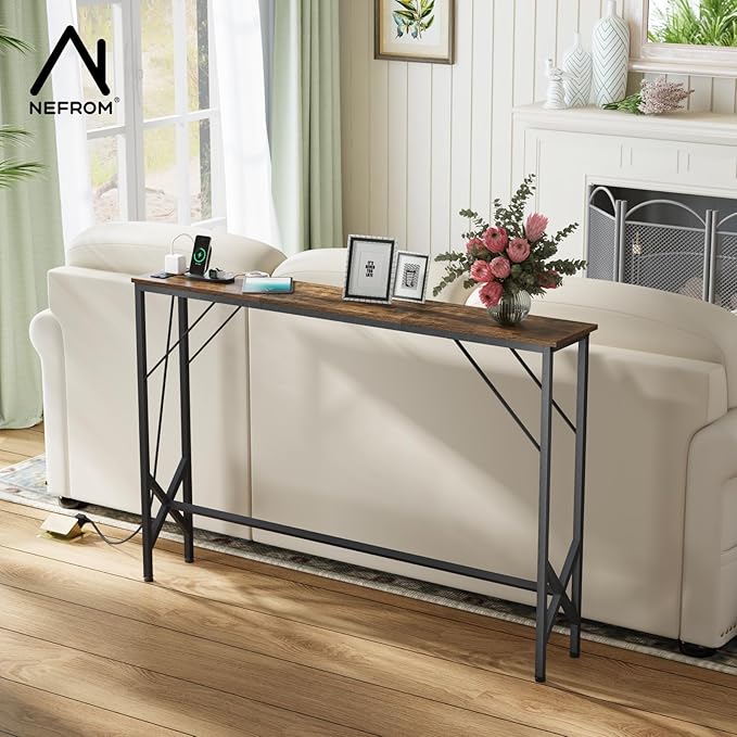 47.2'' Console Table, Skinny Entryway Table with Fast-Charging Station, Narrow Long Sofa Table, Behind Slim Couch Table for Entrance, Hallway, Living Room Decor ST-BR120-1-Ruum Studio Home