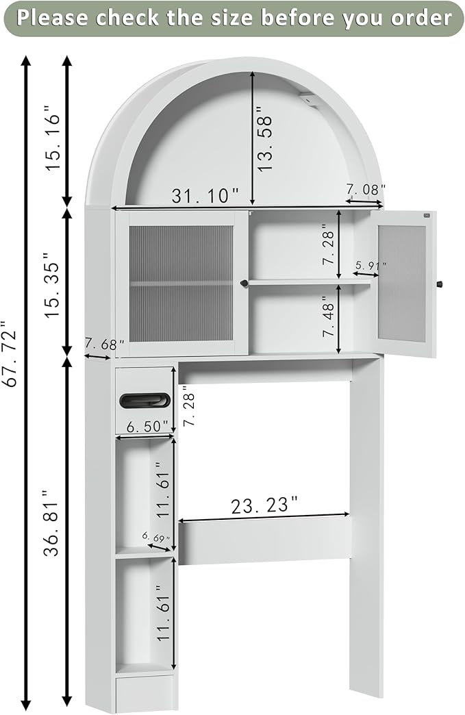 Over The Toilet Storage Cabinet, 31''W Arched Space-Saving Bathroom Organizer with Adjustable Shelf and Acrylic Doors, Freestanding Over Toilet Cabinet for Bathroom, Laundry, Restroom (White)-Ruum Studio Home