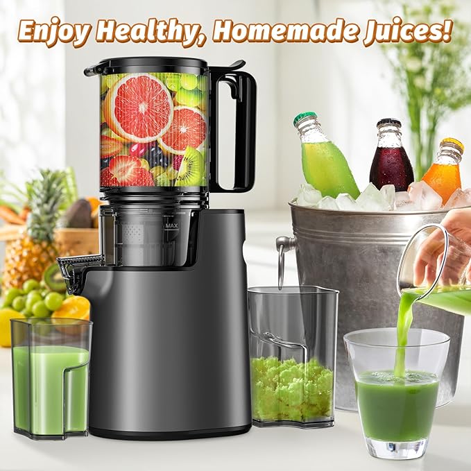 Cold Press Juicer, Juicer Machines with 5.4" Wide Feed Chute for Juice Extractor, Professional Slow Masticating Juicer for Whole Vegetables & Fruits with High Juice Yield, Easy to Clean (Black)-Ruum Studio Home