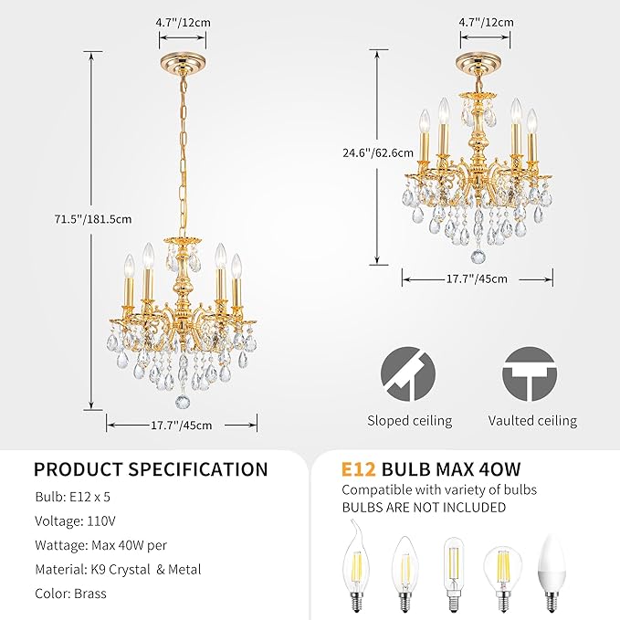 French K9 Crystal Maria Theresa Chandeliers, Luxury Vintage Pendant Light Fixture for Dining Room, Living Room, D17.7*H25~72 inch (Adjustable), Clear Crystal & Brass Finish Frame-Ruum Studio Home
