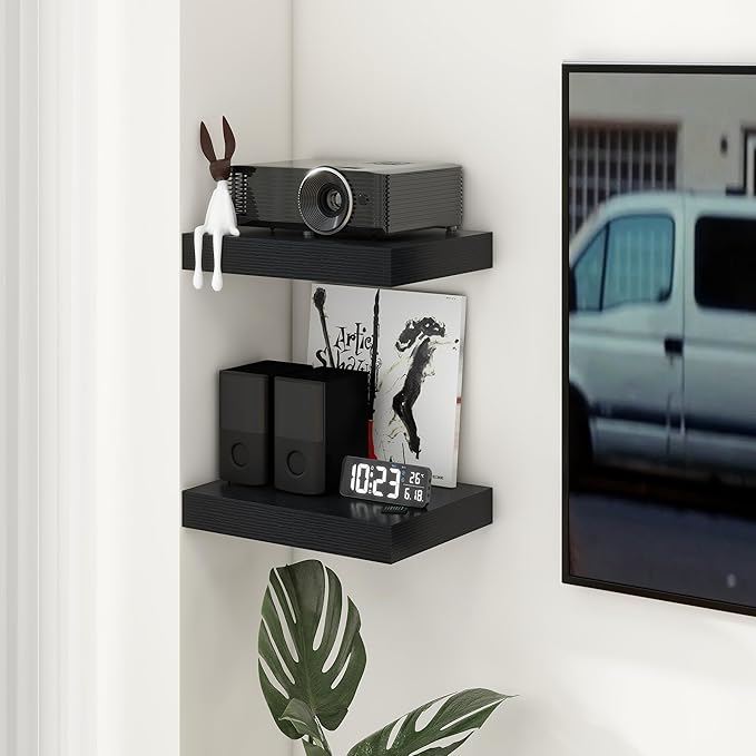 Black Deep Floating Shelves for Wall | 16 Inch Wide x 12 Inch Deep Floating Shelves Set of 2 | Rustic Wood Wide Wall Shelves | Bookshelf Laundry Shelf TV Shelf-Ruum Studio Home