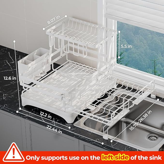 2 Tier Large Dish Drying Rack - Extendable Dish Rack, 2-in-1 Anti-Rust Stainless Steel Dishrack for Kitchen Counter and Sink, Dish Strainer with Utensil Holder & Cup Holder(White)-Ruum Studio Home
