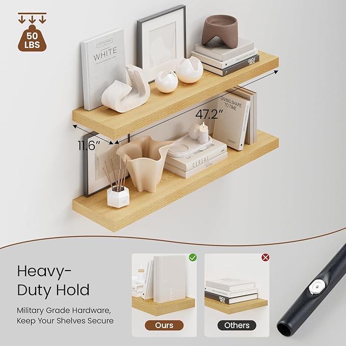 Heimlove 48W x 12D Long Floating Shelf, 12 Inch Deep Floating Shelves for Wall Set of 2, Wood Shelves for Bedroom Living Room Bathroom Kitchen Home Office, Wall Shelves with Heavy Duty Bracket, Oak-Ruum Studio Home
