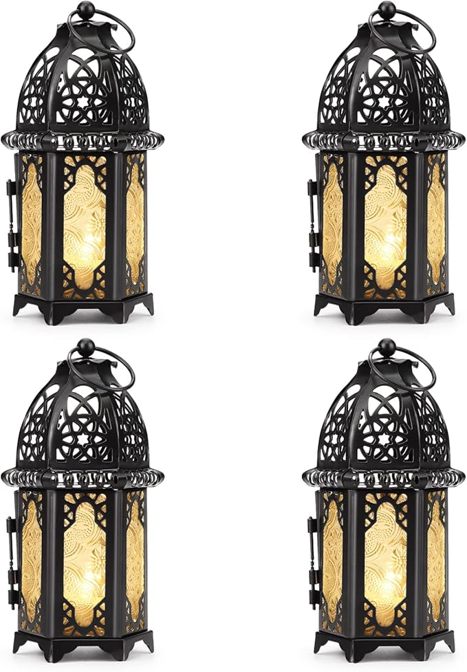 Metal Candle Holder 4PCS Transparent Glass Moroccan Style Hanging Lanterns Creative Wedding Home Tabletop Decoration Birdcage, Black-Ruum Studio Home