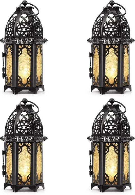 Metal Candle Holder 4PCS Transparent Glass Moroccan Style Hanging Lanterns Creative Wedding Home Tabletop Decoration Birdcage, Black-Ruum Studio Home