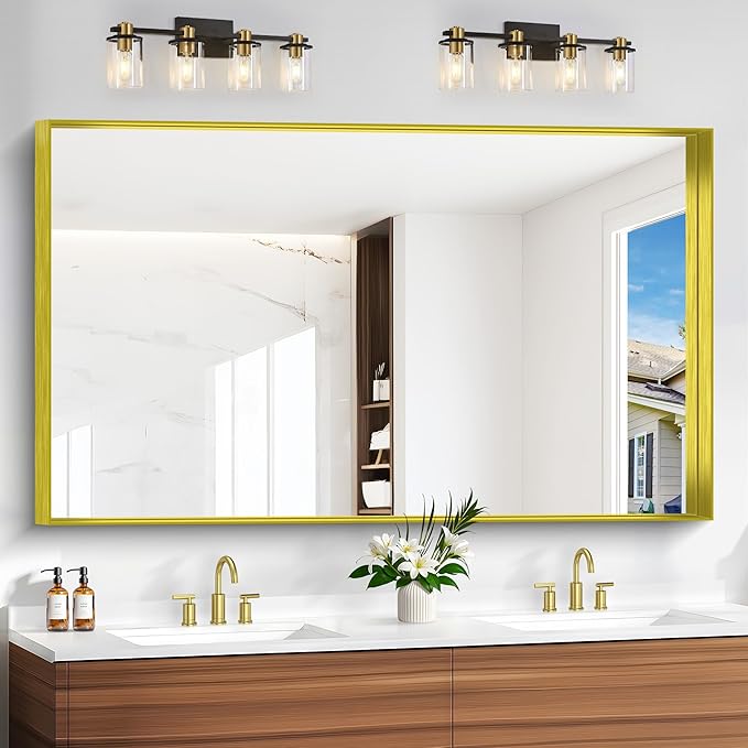 Gold Bathroom Mirror, 36x60 Inch Rectangular Deep Frame Mirror, Large Wall Mounted Bathroom Vanity Mirror Over Sink for Bedroom,Restroom, Living Room, Hangs Vertically or Horizontally-Ruum Studio Home