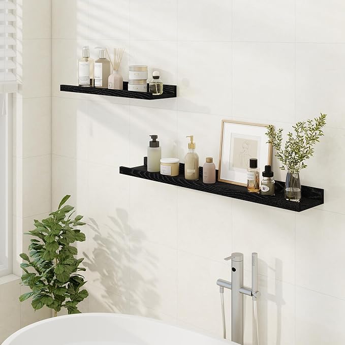 Floating Picture Ledge Shelves 24 Inch Solid Oak Wood Set of 2, Rustic Wall Storage Shelves with Lip, Kids Bookshelf, Photo & Picture Ledge Shelves for Bedroom, Living Room, Kitchen-Ruum Studio Home