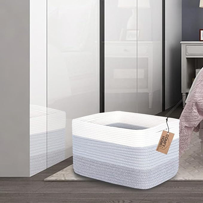 COMFY-HOMI 3PACK Cotton Rope Woven Basket With Handles for Shelves, Toy, Book, Cloth Storage Basket for Organizing|13.5" x 11" x 9.5" Decorative Nursery Cube Bin for Living Room（White / 3-Tone Grey）-Ruum Studio Home