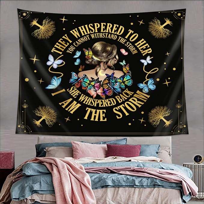 Inspirational Quote Tapestry Positive Motivational Uplifting Encouragement Gifts for Women Teens Girls,Inspirational Gift Wall Decor for Bedroom,They Whispered to Her You Cannot Withstand The Storm-Ruum Studio Home