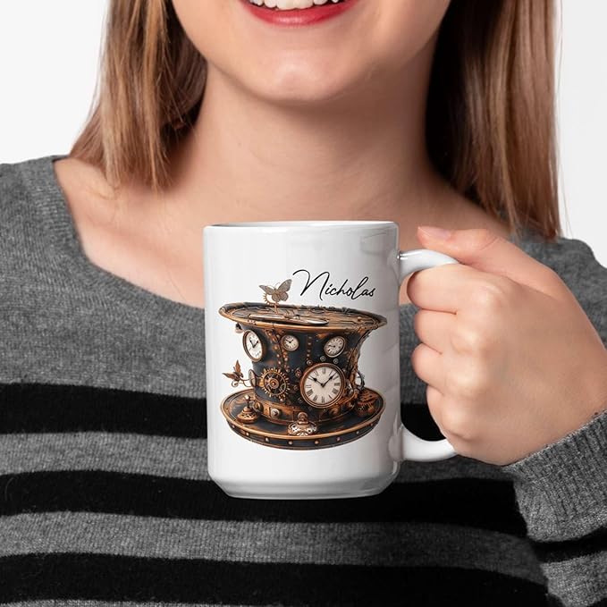 Personalized Coffee Mug Gift For Men, Customized Choose Name White Cup 11oz Or 15oz, Unique Steampunk Design Ceramic Cup, Custom Clock Themed Decorative Cup, Steampunk Decor Mug-Ruum Studio Home