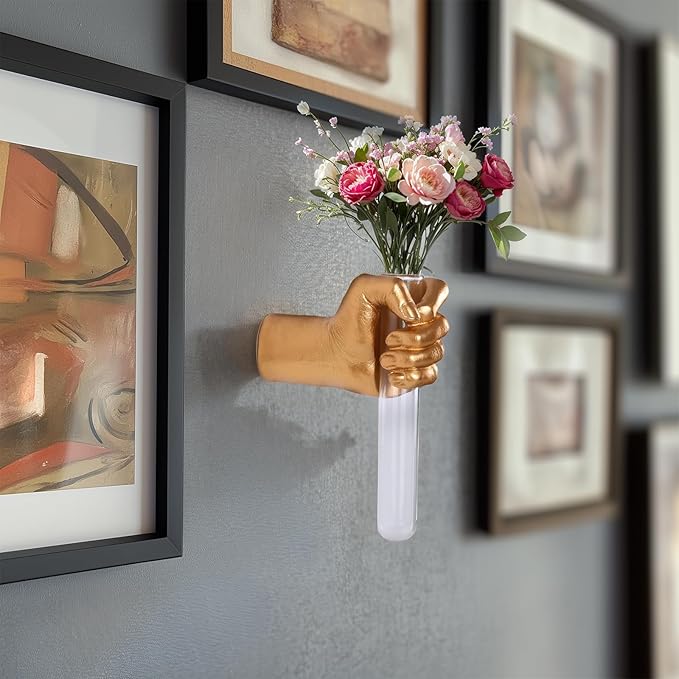 Gold Wall Sculptures, Hand Vases Home Decor, Wall Mount Art Sculpture, Unique Wall Art Statue, Funky Flower Vase Decorations, Modern Eclectic Hanging Decor,Glass Test Tube Vase-Ruum Studio Home