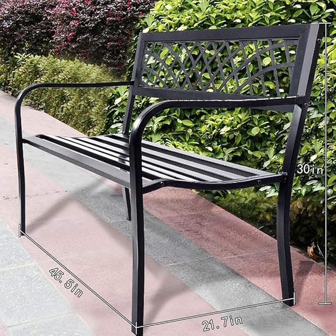 Garden Bench,Outdoor Benches,Iron Steel Frame Patio Bench with Mesh Pattern and Plastic Backrest Armrests for Lawn Yard Porch Work Entryway,Black-Ruum Studio Home