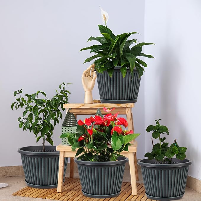 10 Inch Planter-Pots-for-Plants-Indoor-Outdoor, 4 Pack Plastic Flower Pots with Saucer & Drainage Holes, Modern Decorative Resin Garden Pots-Ruum Studio Home