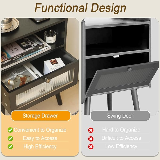 AWASEN Black Nightstand with Charging Station, Modern Bedside Table with Glass Decorative Drawer, Small End Table Side Table with 2 Tiers Storage Space, for Bedroom, Office and Small Space (Black)-Ruum Studio Home