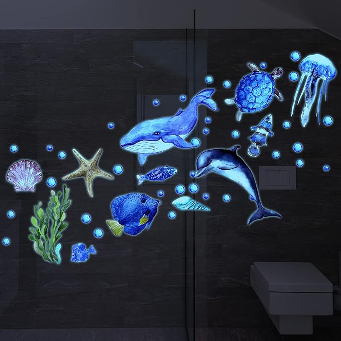 52 Pcs Ocean Fish Wall Decals Glow in The Dark Under The Sea Wall Decals Sea Animals Stickers Removable Waterproof Peel and Stick for Kids Bathroom Watercolor Ocean Decor(Cute Style)-Ruum Studio Home