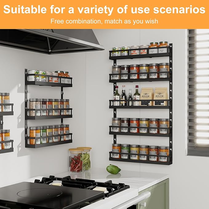 X-cosrack 5-Tier Small Wall-Mounted Spice Rack Organizer, Height-Adjustable, Space-Saving Compact Design for Kitchen Pantry Cabinet, Black-Ruum Studio Home