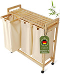 Laundry basket with wheels beige - Large Bamboo Laundry Sorter with Removable Cotton Bags - 3 Section laundry room organization - Durable, Eco-Friendly, and Stylish Storage Solution for Home-Ruum Studio Home