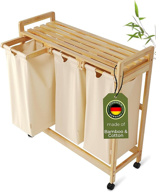Laundry basket with wheels beige - Large Bamboo Laundry Sorter with Removable Cotton Bags - 3 Section laundry room organization - Durable, Eco-Friendly, and Stylish Storage Solution for Home-Ruum Studio Home