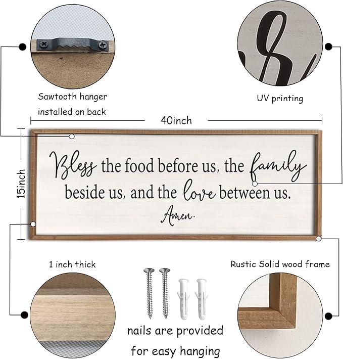 Bless the Food Before Us Sign Wall Decor 40"X15" Large Farmhouse Dining Room Wall Decor Framed Wood Rustic Home Wall Art Kitchen Hanging Decoration (Wood White)-Ruum Studio Home
