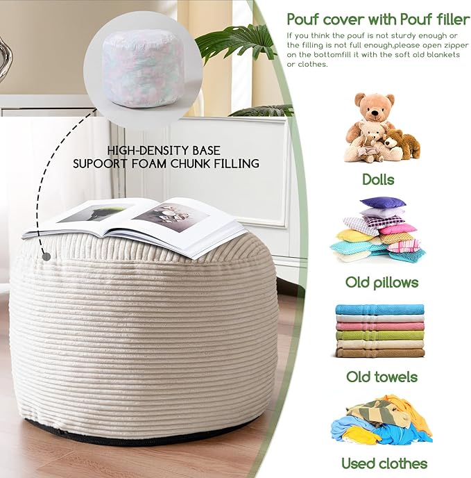 HIGOGOGO Round Stuffed Pouf Ottoman, Corduroy Poufs with Foam Chunk Filling, Furry and Fluffy Pouf Foot Stool Storage Ottoman, 20 X 15 Floor Poufs Foot Rest for Living Room, Beige-Ruum Studio Home