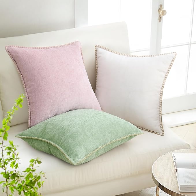 decorUhome Chenille Soft Throw Pillow Covers 16x16 Set of 2, Farmhouse Velvet Neutral Decorative Euro Pillow Covers with Stitched Edge for Couch Sofa Bed Home Decor, Cream White-Ruum Studio Home