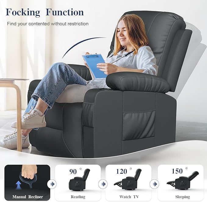 Recliner Chairs for Adults, Massage Rocker with Heated Modern Ergonomic Lounge 360 Degree Swivel Single Sofa Seat Living Room Lounge Recliners Gray-Ruum Studio Home