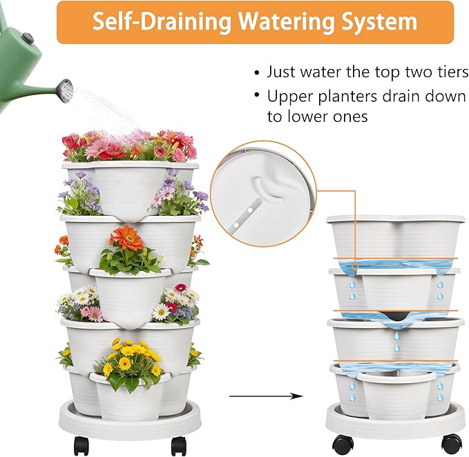 VECELO 5 Tier Vertical Garden Planter, Self Watering Stackable Planters with Wheels for Strawberries, Herbs, Flowers, Vegetables, Gray-Ruum Studio Home