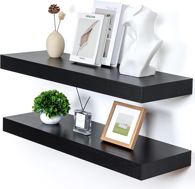 Deep Floating Shelves for Wall, 12'' Deep Large Floating Shelves Set of 2, 36 Inch Distressed Black Wood Shelves for Living Room Bathroom Laundry Room Bedroom Kitchen Home Office - Black-Ruum Studio Home