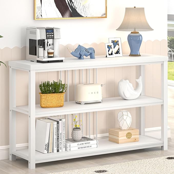 FOLUBAN Modern Sofa Console Table for Entryway, 3 Tier Wood Foyer Table for Hallway Living Room Behind Couch, White Oak-Ruum Studio Home