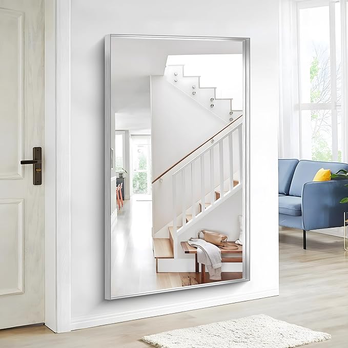 Silver Bathroom Mirror, 36x60 Inch Rectangular Deep Frame Mirror, Large Wall Mounted Bathroom Vanity Mirror Over Sink for Bedroom,Restroom, Living Room, Hangs Vertically or Horizontally-Ruum Studio Home