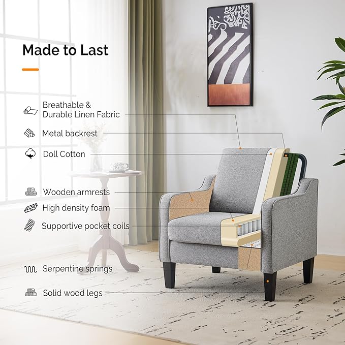 VINGLI Accent Chairs for Living Room Mid Century Modern Chair Sofa Chair Upholstered Arm Chair with Scooped Arms for Bedroom, Apartment, Office, Studio, Waiting Room, Play Room-Ruum Studio Home